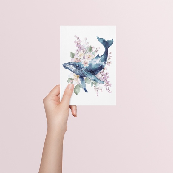 Watercolor Floral Humpback Whale Portrait Wall Art Illustration Print Unframed - Picture 4 of 6